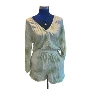 Womens Green Tie Dye Romper V Neck Long Sleeve Drawstring‎ Waist Casual